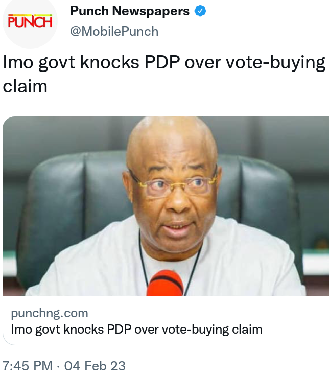Today's Headlines;Imo Govt Knock PDP Over Vote -Buying Claim;EFCC Warn Gombe Bank Against Corruption