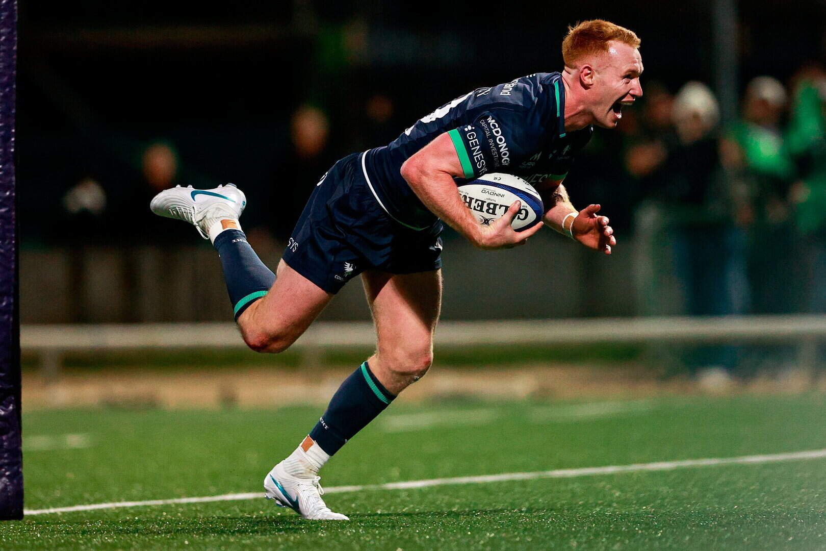 Ciarán Frawley on his way to scoring Connacht's seventh try during the Champions Cup win over Saracens at Dexcom Stadium in Galway