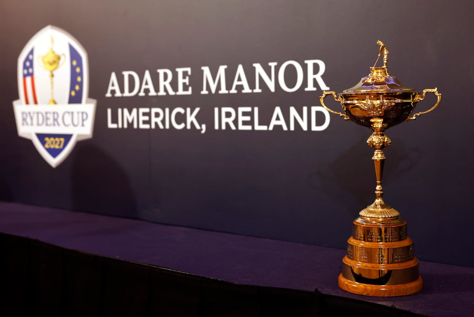 The Ryder Cup trophy paying a visit to Adare Manor which will host the tournament next year. Photograph: Damien Eagers/PA Wire