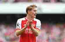 Martin Odegaard of Arsenal reacts during the Premier League match between Arsenal FC and Everton FC at Emirates Stadium on May 19, 2024 in London, ...