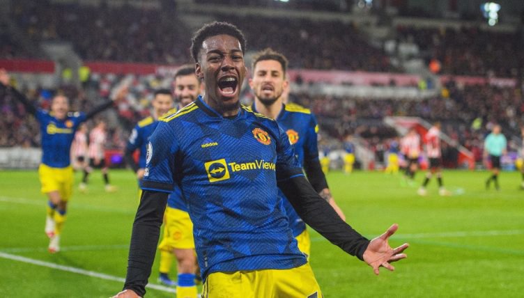 Teenager Anthony Elanga celebrates scoring for Manchester United in the Premier League, Brentford Community Stadium, 19 January 2022.