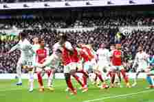 Pierre-Emile Hojbjerg of Tottenham Hotspur (obscured) scores an own goal, Arsenal first goal during the Premier League match between Tottenham Hots...