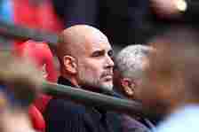 Pep Guardiola of Manchester City is attending the FA Cup Semi-Final match between Chelsea and Manchester City at Wembley Stadium in London, on Apri...
