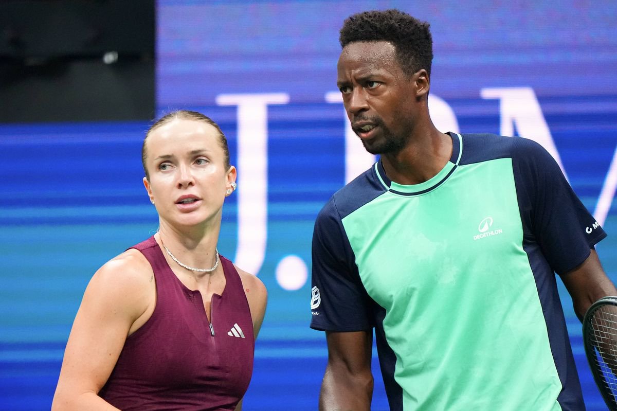 Elina Svitolina and Gael Monfils react during a mixed doubles semifinal match during Fan Week as part of the 2026 US Open at USTA Billie Jean King National Tennis Center