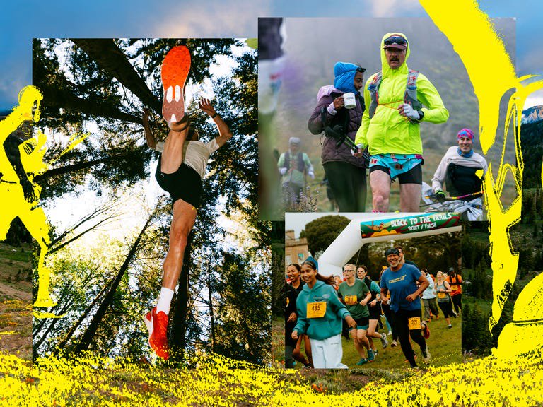 A collage of outdoor athletes running and hiking through a scenic mountainous landscape.