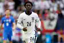 Kobbie Mainoo of England running during the UEFA EURO 2024 round of 16 match between England and Slovakia at Arena AufSchalke on June 30, 2024 in G...