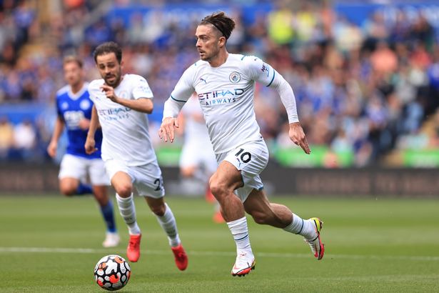 LEICESTER, ENGLAND - SEPTEMBER 11: Jack Grealish of Manchester City during the Premier League match between Leicester City and Manchester City at The King Power Stadium on September 11, 2021 in Leicester, England.