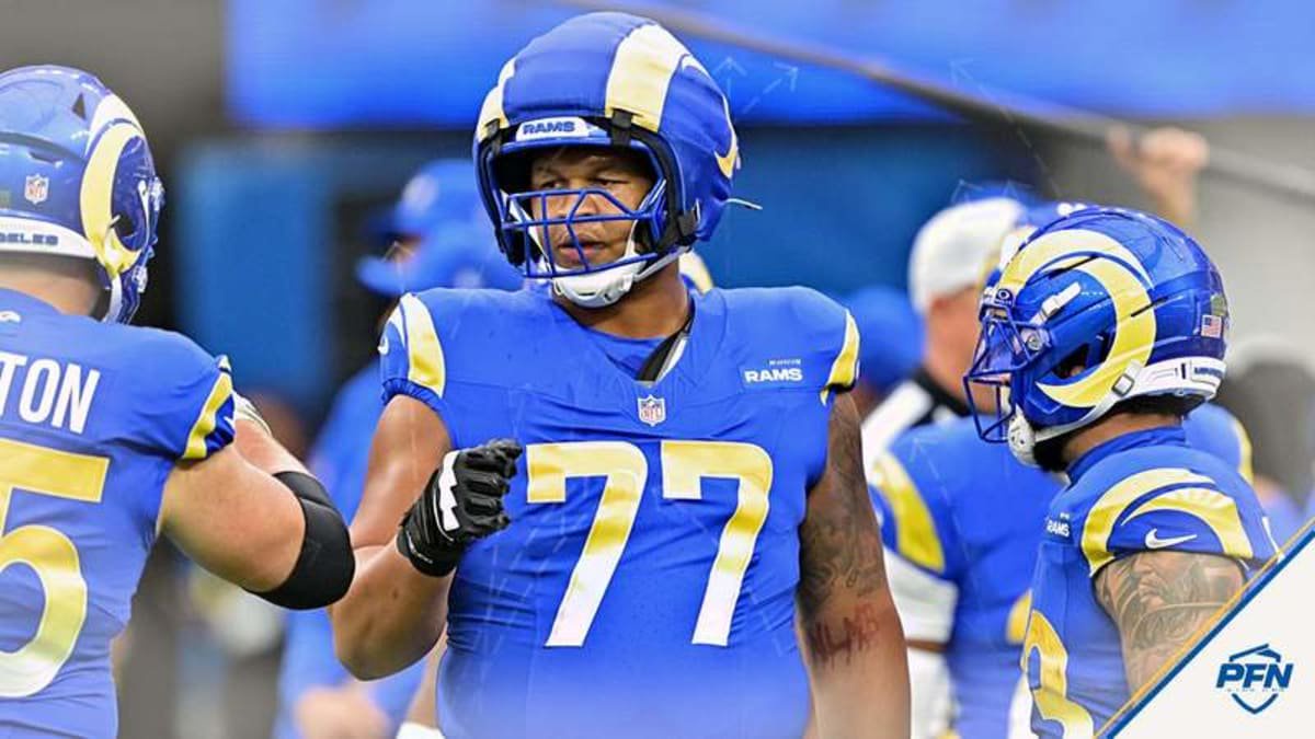 Los Angeles Rams offensive tackle Alaric Jackson (77) on the field prior to a game against the Arizona Cardinals at SoFi Stadium. © Jayne Kamin-Oncea-Imagn Images