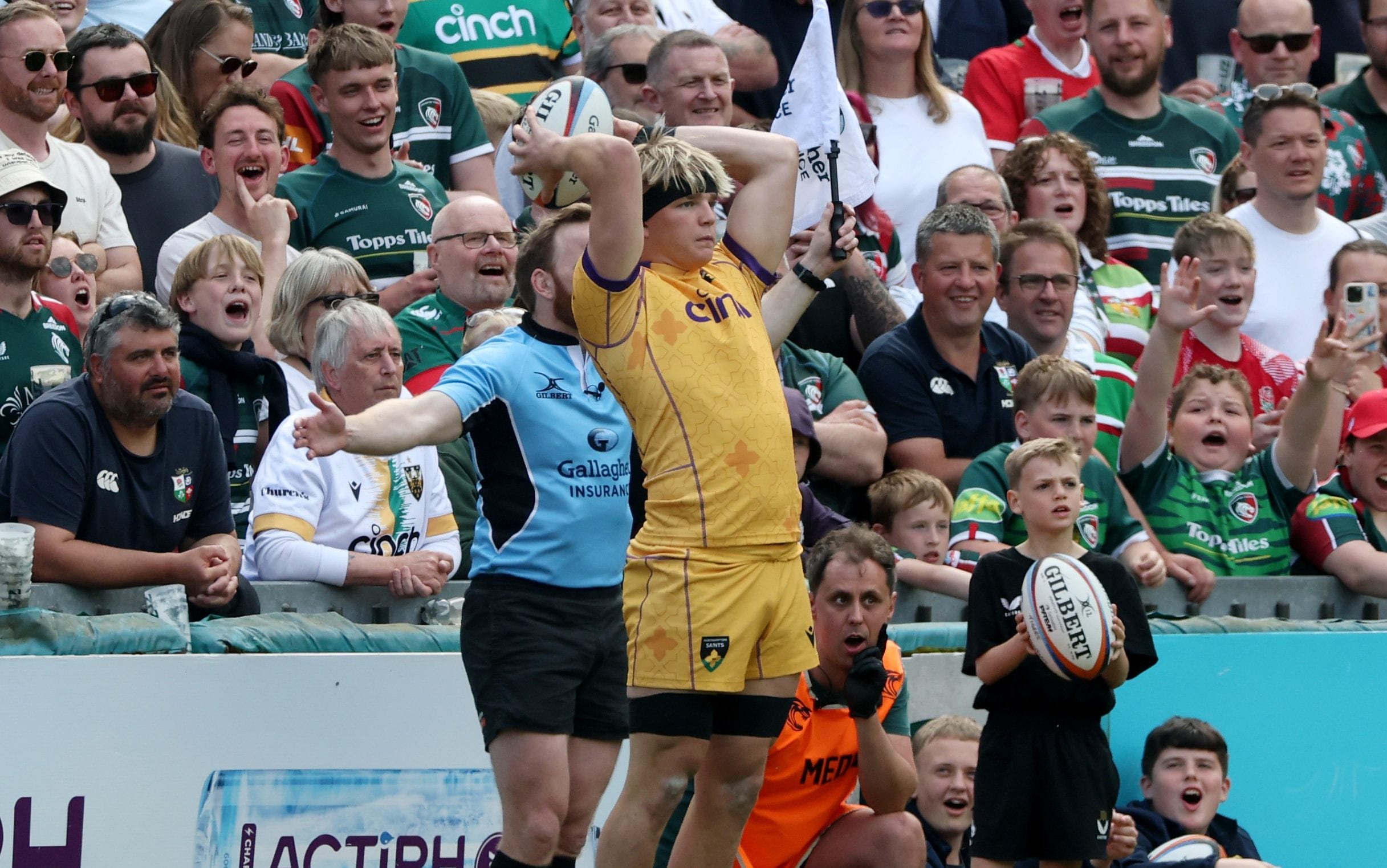 Herry Pollock taking a line-out for Northampton at Leicester