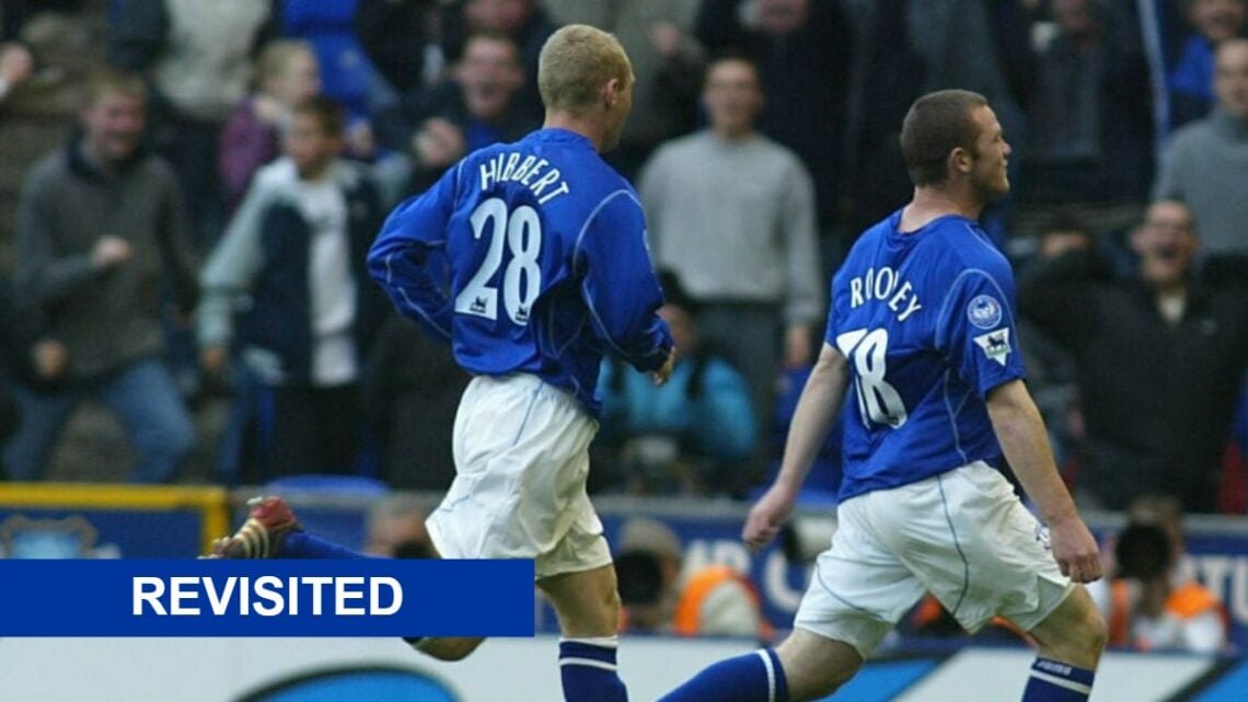 Wayne Rooney and Tony Hibbert celebrate (central), revisited banner (bottom left)