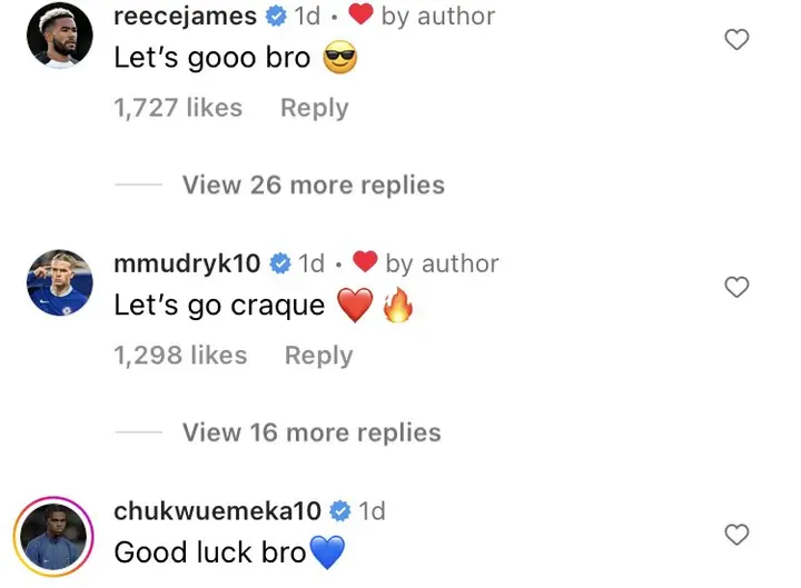Reece James and teammates message Andrey Santos on Instagram after he leaves Chelsea on loan