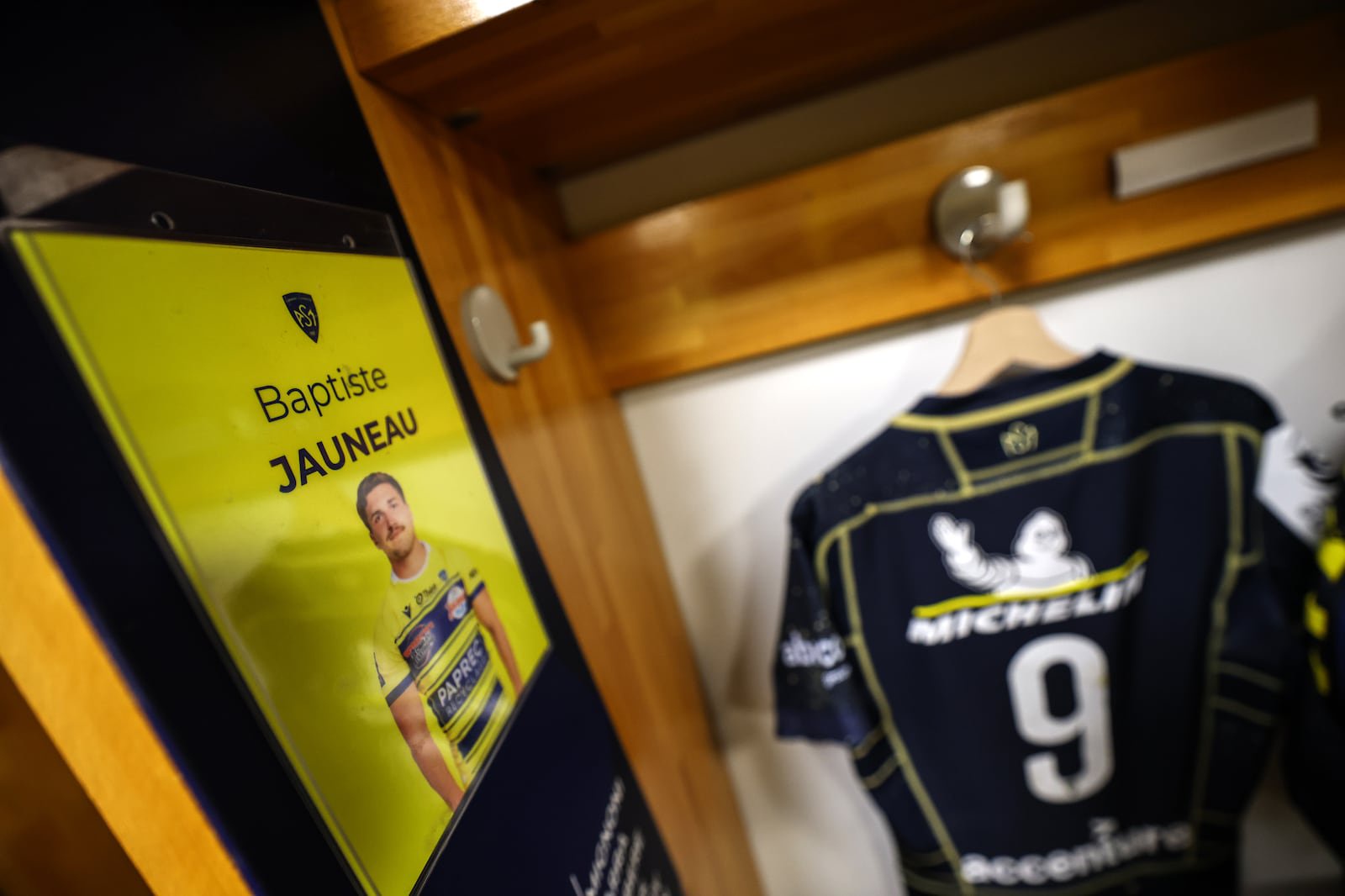 Investec Champions Cup Round 1, Stade Marcel-Michelin, Clermont-Ferrand, France 17/10/2026
ASM Clermont Auvergne vs Leinster
A view of Baptiste Jauneau’s locker in the ASM Clermont Auvergne dressing room ahead of the match. Photograph: Ben Brady/Inpho
