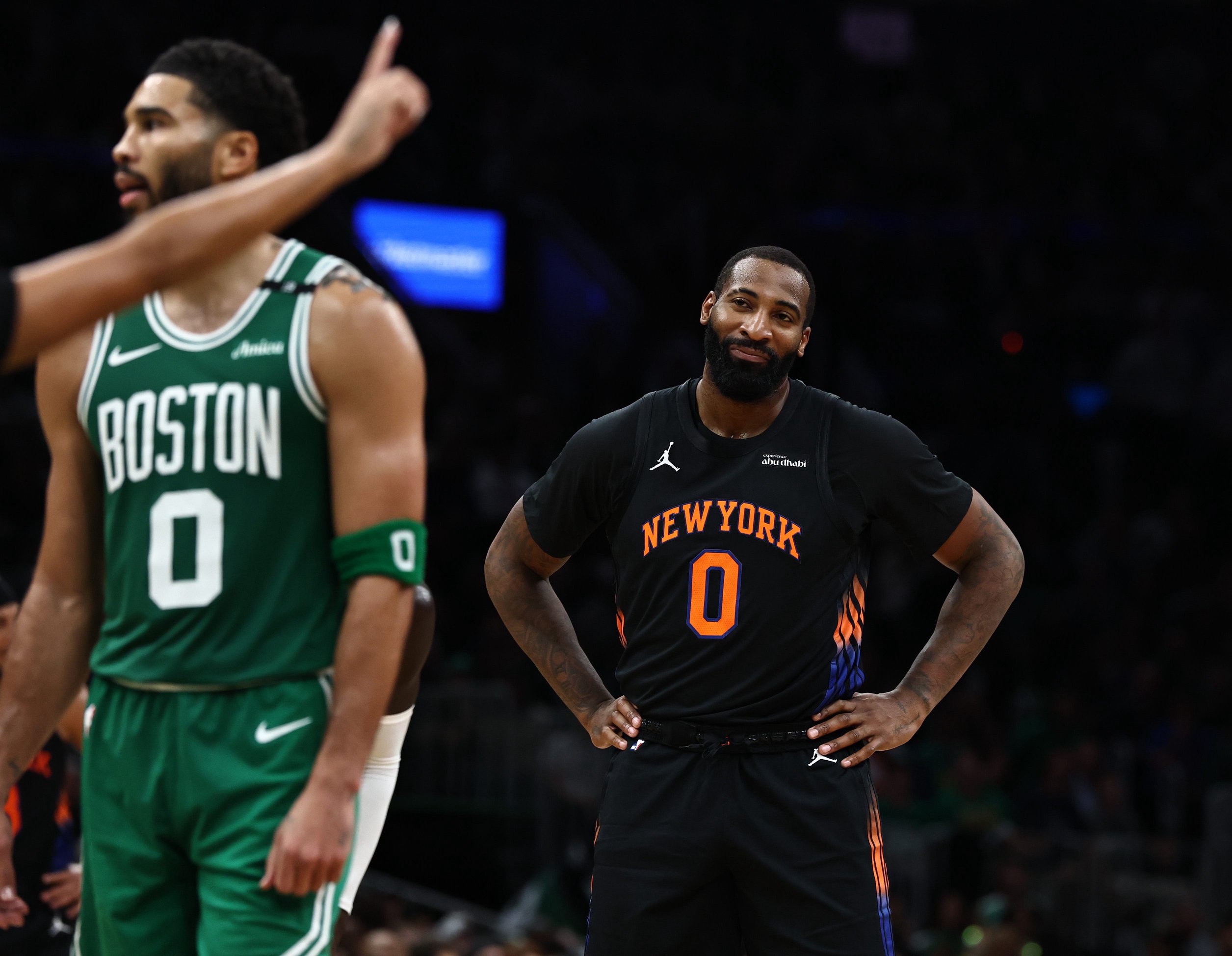Oct 23, 2026; Boston, Massachusetts, USA; As Boston Celtics forward Jayson Tatum (0) prepares to take the free throw, New York Knicks center Andre Drummond (0) looks at the referee after being called for a technical foul during the second half at TD Garden. Mandatory Credit: Winslow Townson-Imagn Images