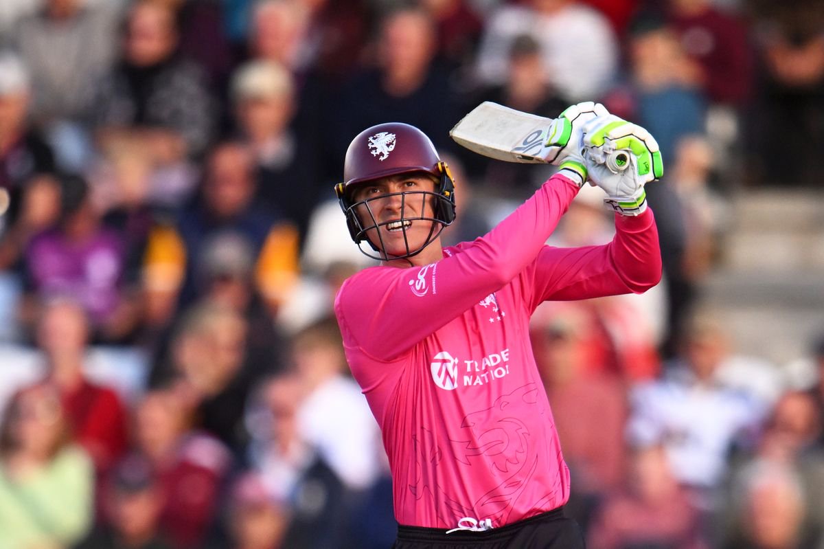 TAUNTON, ENGLAND - JUNE 04: Tom Banton of Somerset plays a shot during the Vitality Blast match between Somerset and Glamorgan at The Cooper Associates County Ground on June 04, 2026 in Taunton, England. (Photo by Harry Trump/Getty Images)
