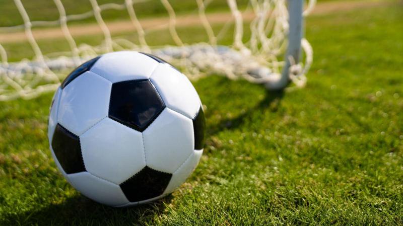 A white football with black panels on grass, with a goal net in the background