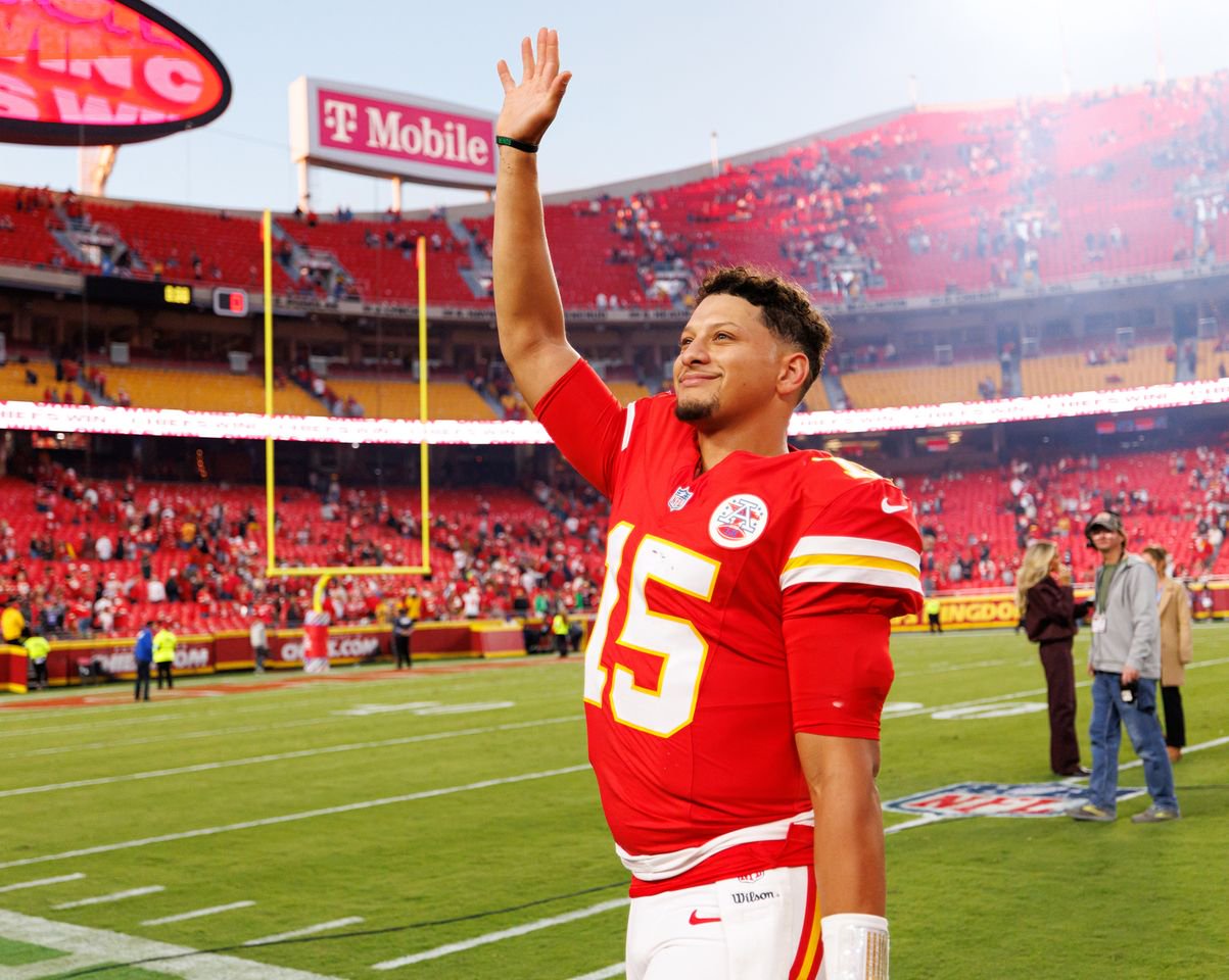 Patrick Mahomes waves to fans after the Chiefs beat the Chargers on Oct. 18, 2026.Credit: Brooke Sutton/Getty