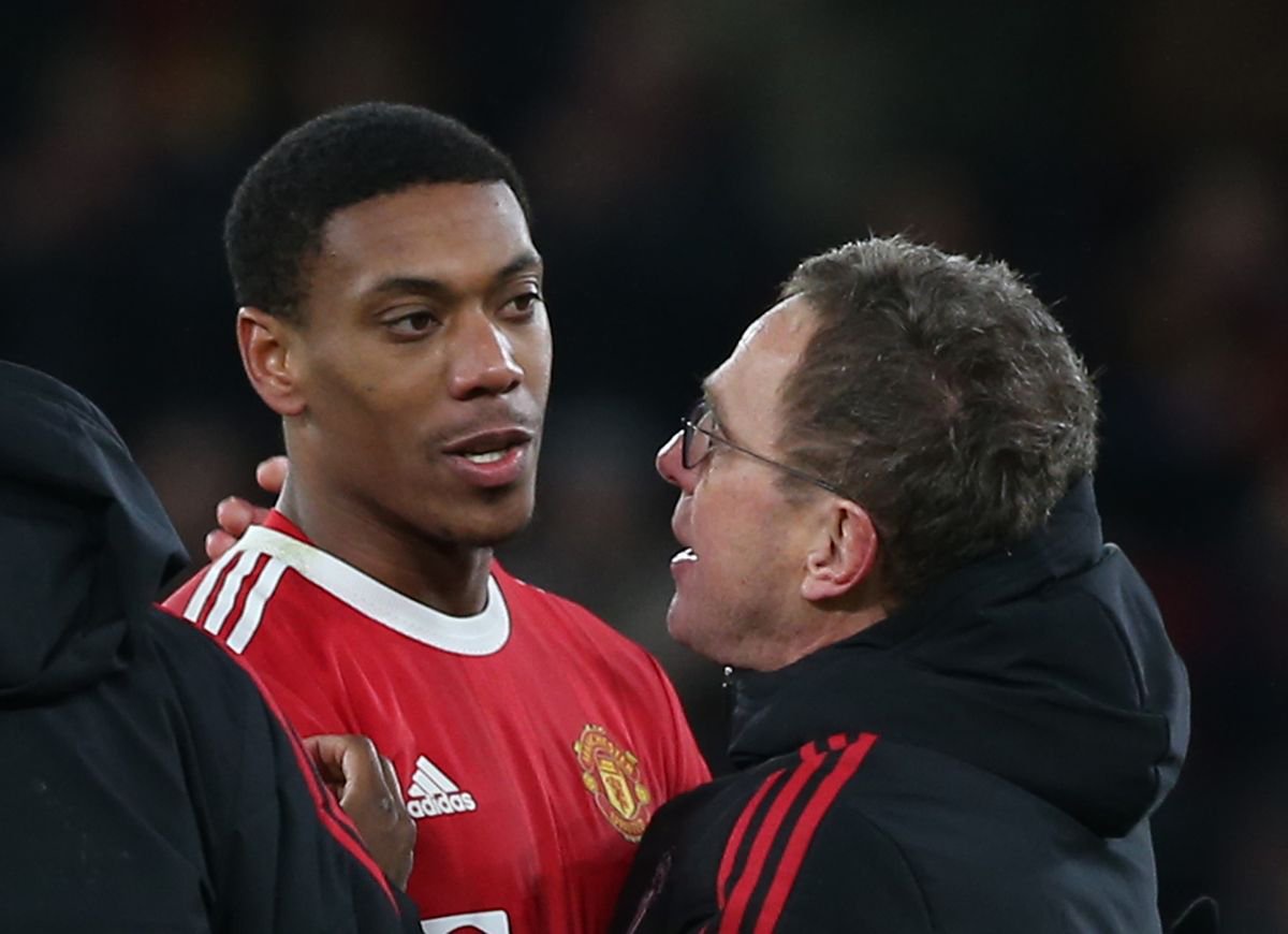 Anthony Martial of Manchester United speaks to Interim Manager Ralf Rangnick after the Premier League match between Manchester United and West Ham United at Old Trafford