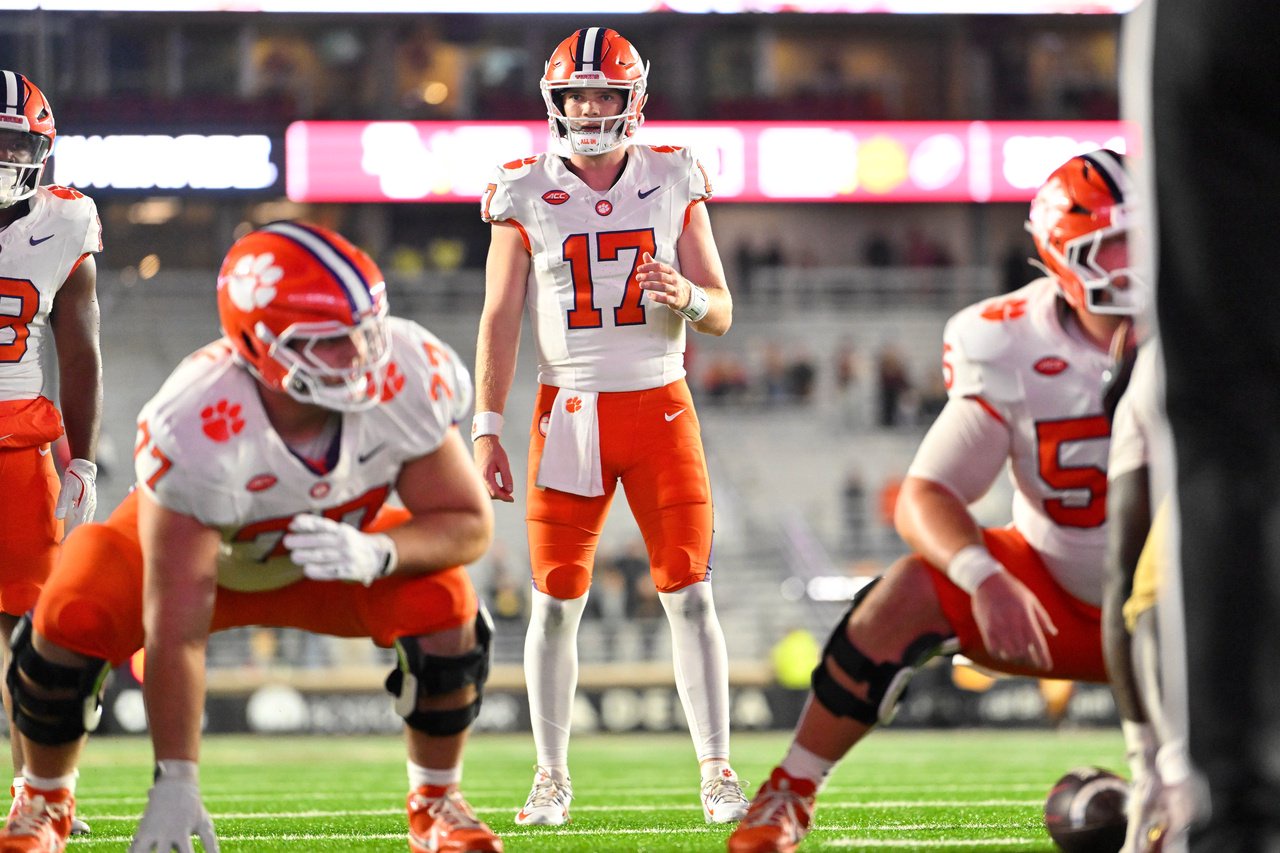 Clemson quarterback Christopher Vizzina (17) stands at the line of scrimmage during his team's 2025 game against Boston College  at Alumni Stadium.