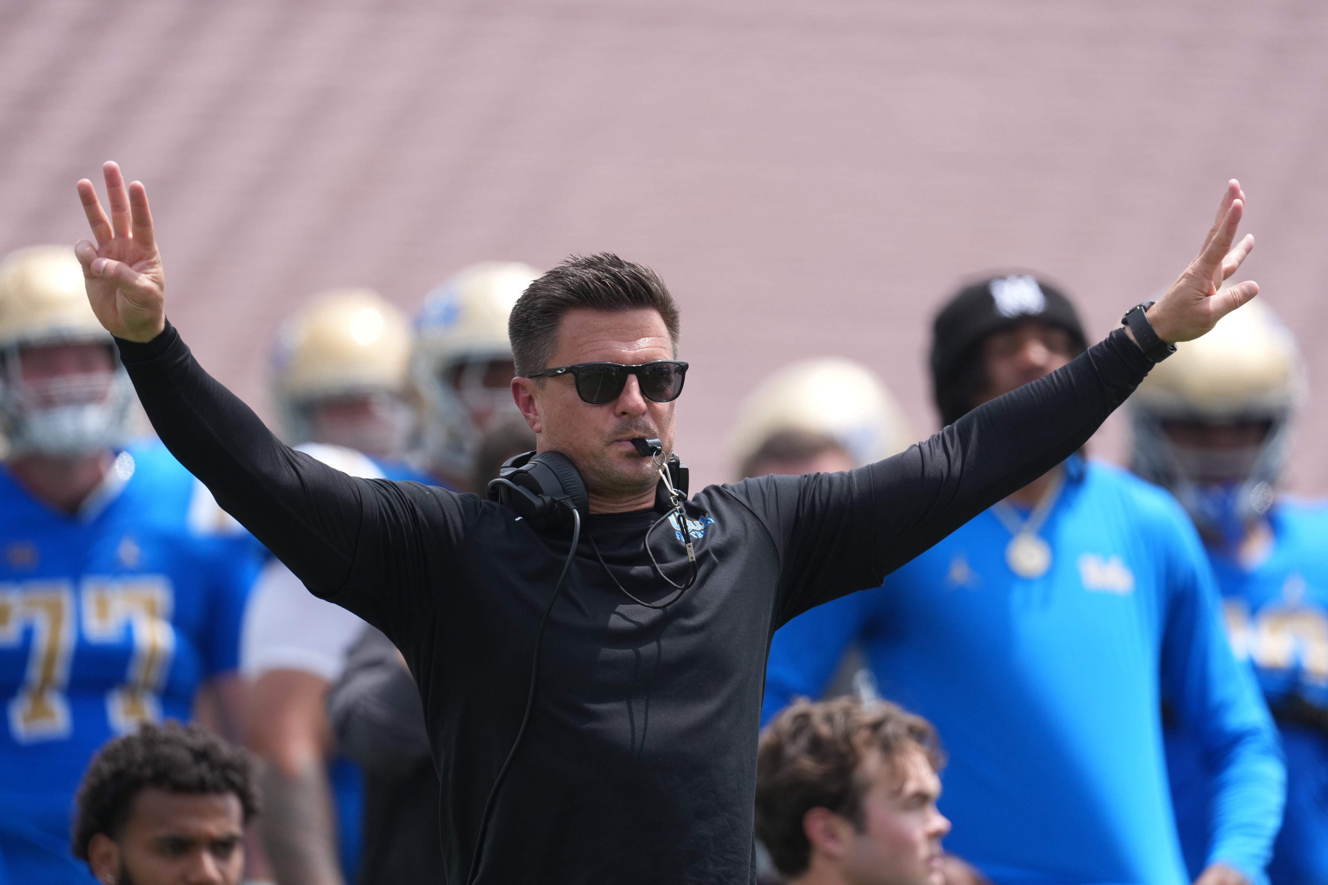 May 2, 2026; Pasadena, CA, USA; UCLA Bruins coach Bob Chesney reacts during the spring game at Rose Bowl. Mandatory Credit: Kirby Lee-Imagn Images