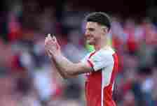 Declan Rice of Arsenal applauds after the Premier League match between Arsenal FC and Everton FC at Emirates Stadium on May 19, 2024 in London, Eng...