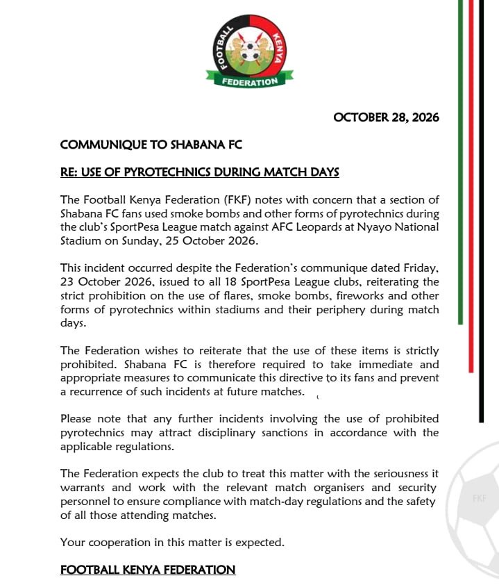 FKF's caution letter to Shabana FC against the use of fireworks during live matches. PHOTO/FKF