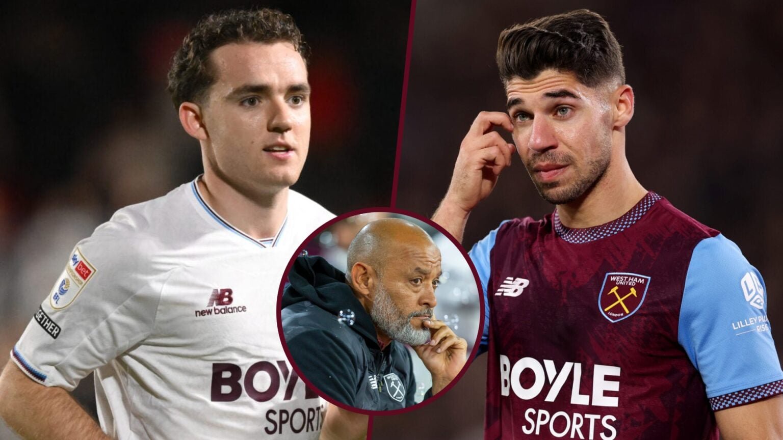 West Ham stars Edvin Austbo and Manor Solomon and, inset, Hammers boss Nuno Espirito Santo looks deep in thought