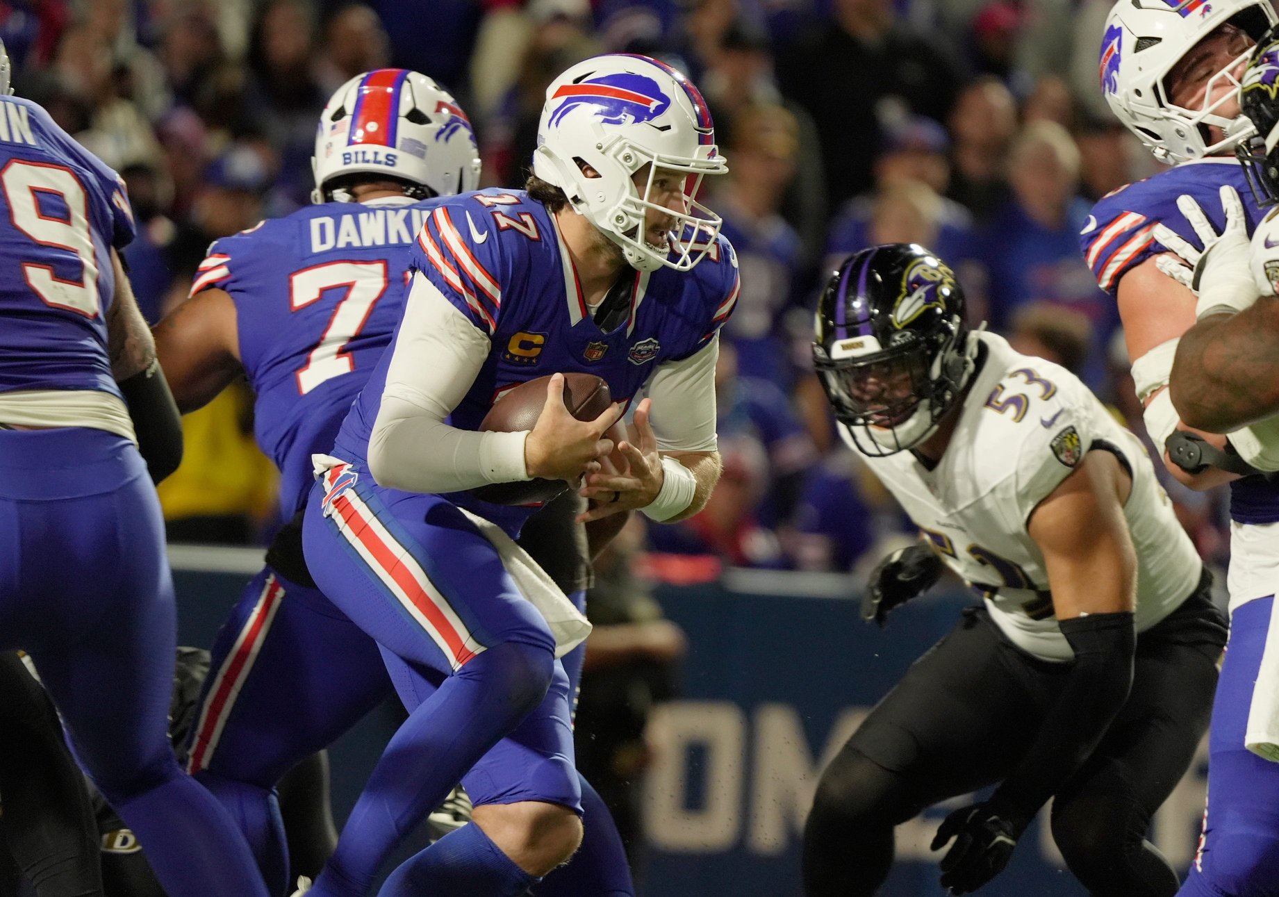 Buffalo Bills quarterback Josh Allen runs with the ball during the second half of their game against the Baltimore Ravens at Highmark Stadium in Orchard Park on Sept. 7, 2025.