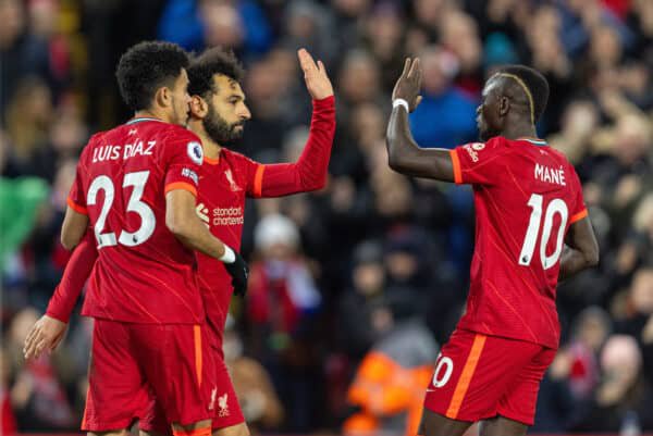 LIVERPOOL, ENGLAND - Wednesday, February 23, 2022: Liverpool's Mohamed Salah (C) celebrates with team-mates Luis D&iacute;az (L) and Sadio Man&eacute; (R) after scoring the third goal during the FA Premier League match between Liverpool FC and Leeds United FC at Anfield. (Pic by David Rawcliffe/Propaganda)