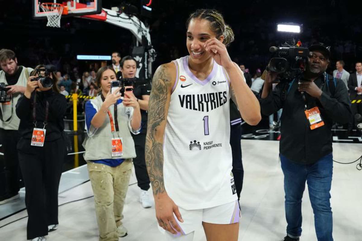 Oct 9, 2026; Las Vegas, Nevada, USA; Golden State Valkyries forward Gabby Williams (1) reacts after defeating the Golden State Valkyries during game three of the second round for the 2026 WNBA Playoffs at Michelob Ultra Arena. © Candice Ward-Imagn Images