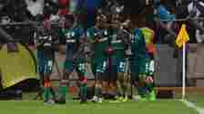 AmaZulu players celebrate with Hendrick Ekstein in the Nedbank Cup quarter-final vs Orlando Pirates