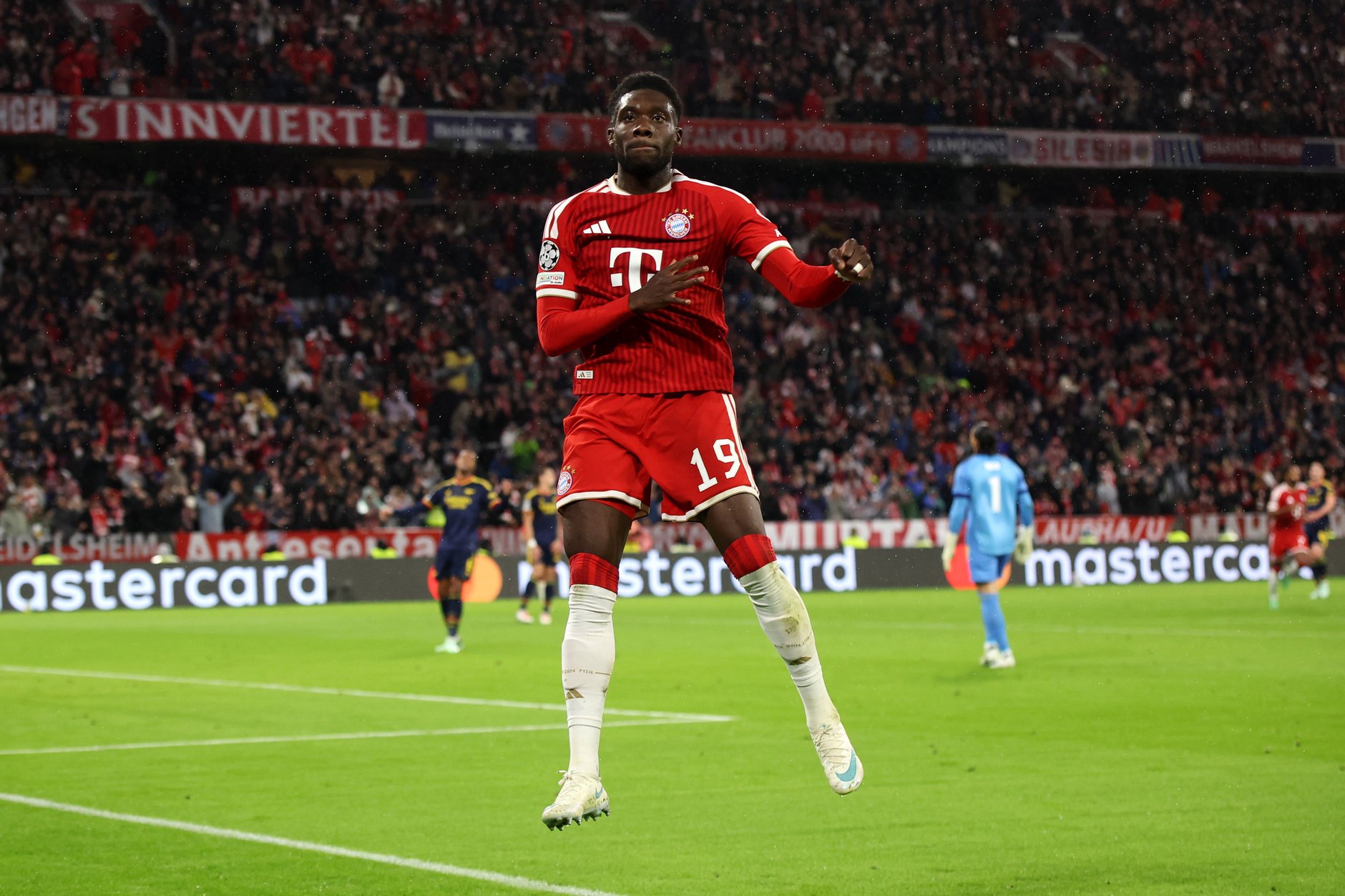 Alphonso Davies cancelled out Arsenal's lead in an eventful first half at the Allianz Arena