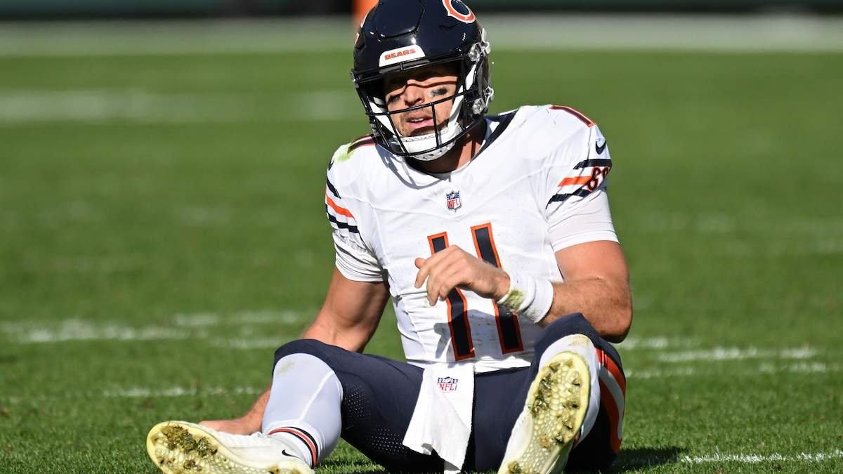 Case Keenum #11 of the Chicago Bears sits on the field