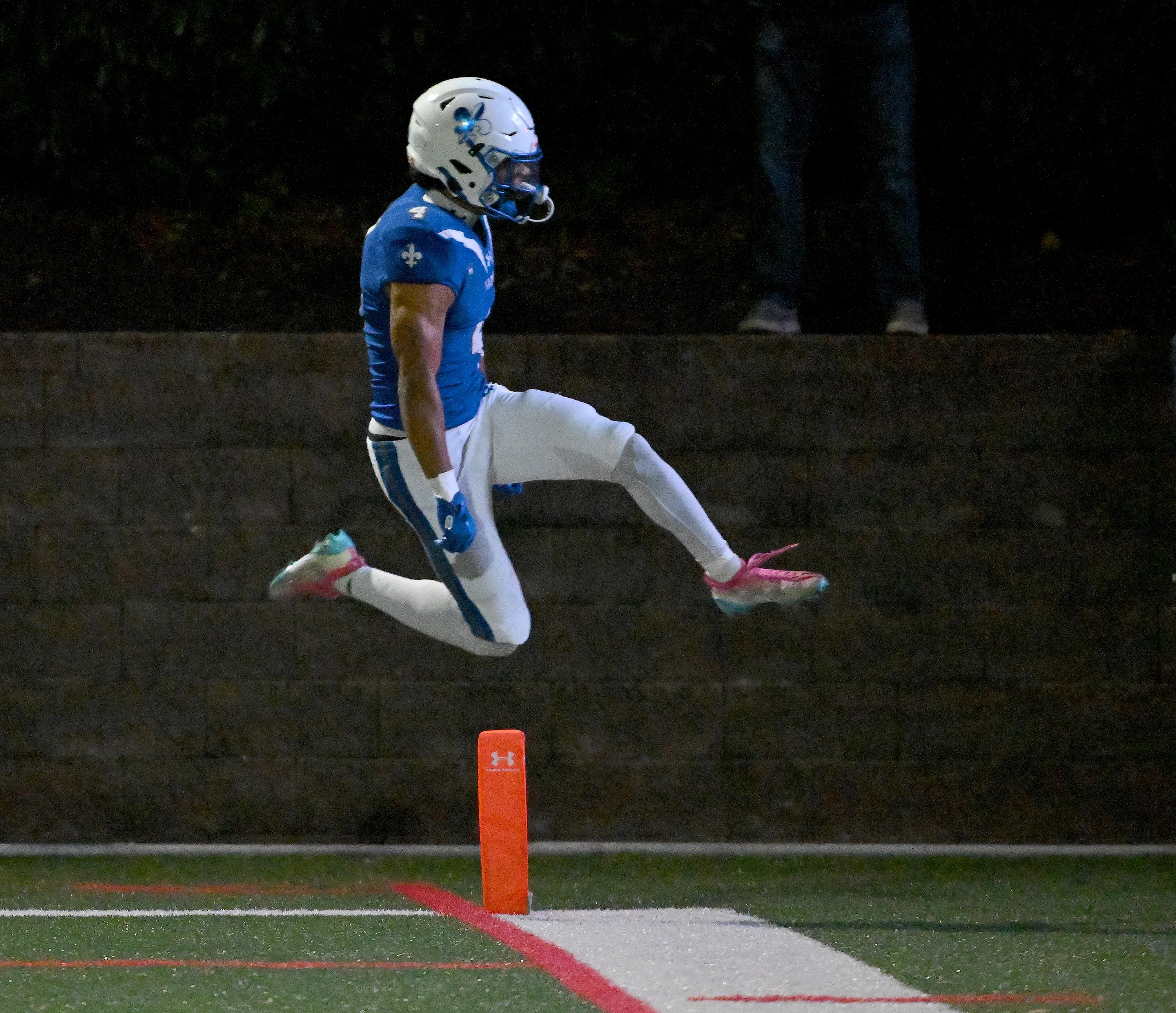 St. Mary's Saints Dylin Jackson #4 celebrates a touchdown during the second quarter.  The Archbishop Spalding Cavaliers visit the St. Mary\xe2\x80\x99s Saints in a high school football matchup Friday evening. (Paul W. Gillespie/Staff)
