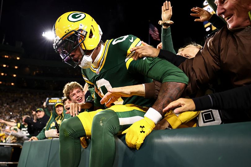 Matthew Golden #0 of the Green Bay Packers celebrates scoring a touchdown during the first quarter against the Dallas Cowboys at Lambeau Field on October 18, 2026 in Green Bay, Wisconsin.