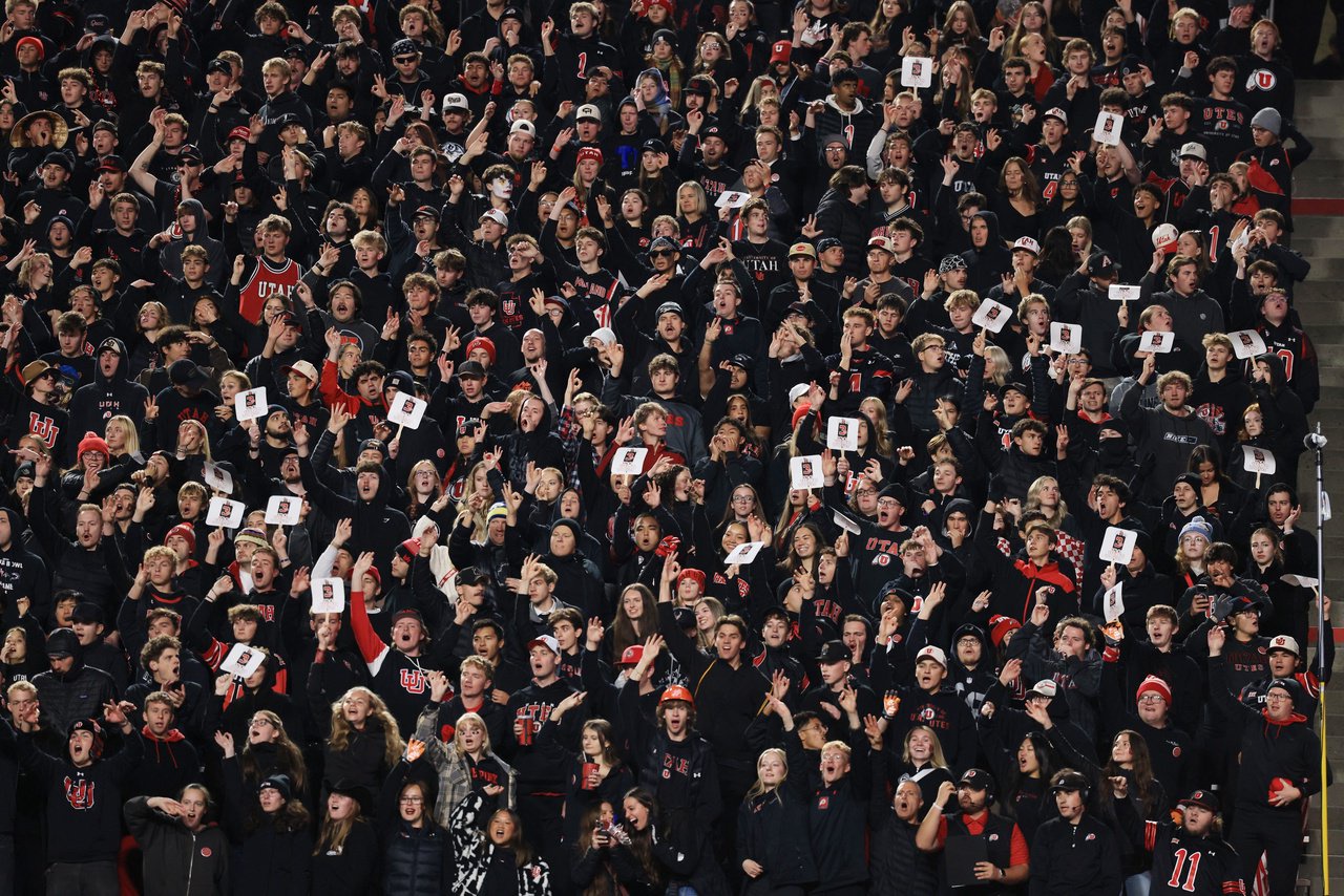Oct 24, 2026; Salt Lake City, Utah, USA;  Utah Utes fans cheer during the third quarter against the Houston Cougars at Rice-Eccles Stadium.  Mandatory Credit: Rob Gray-Imagn Images