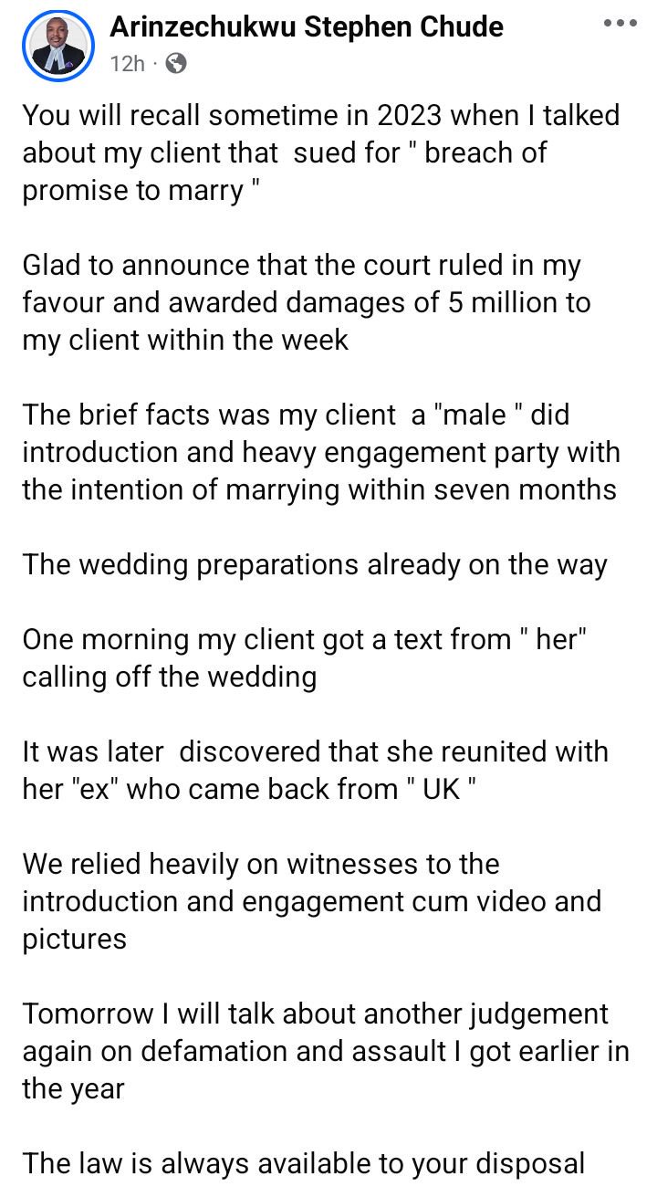 Nigerian court orders woman to pay N5m compensation to her ex-fiance for breach of promise to marry