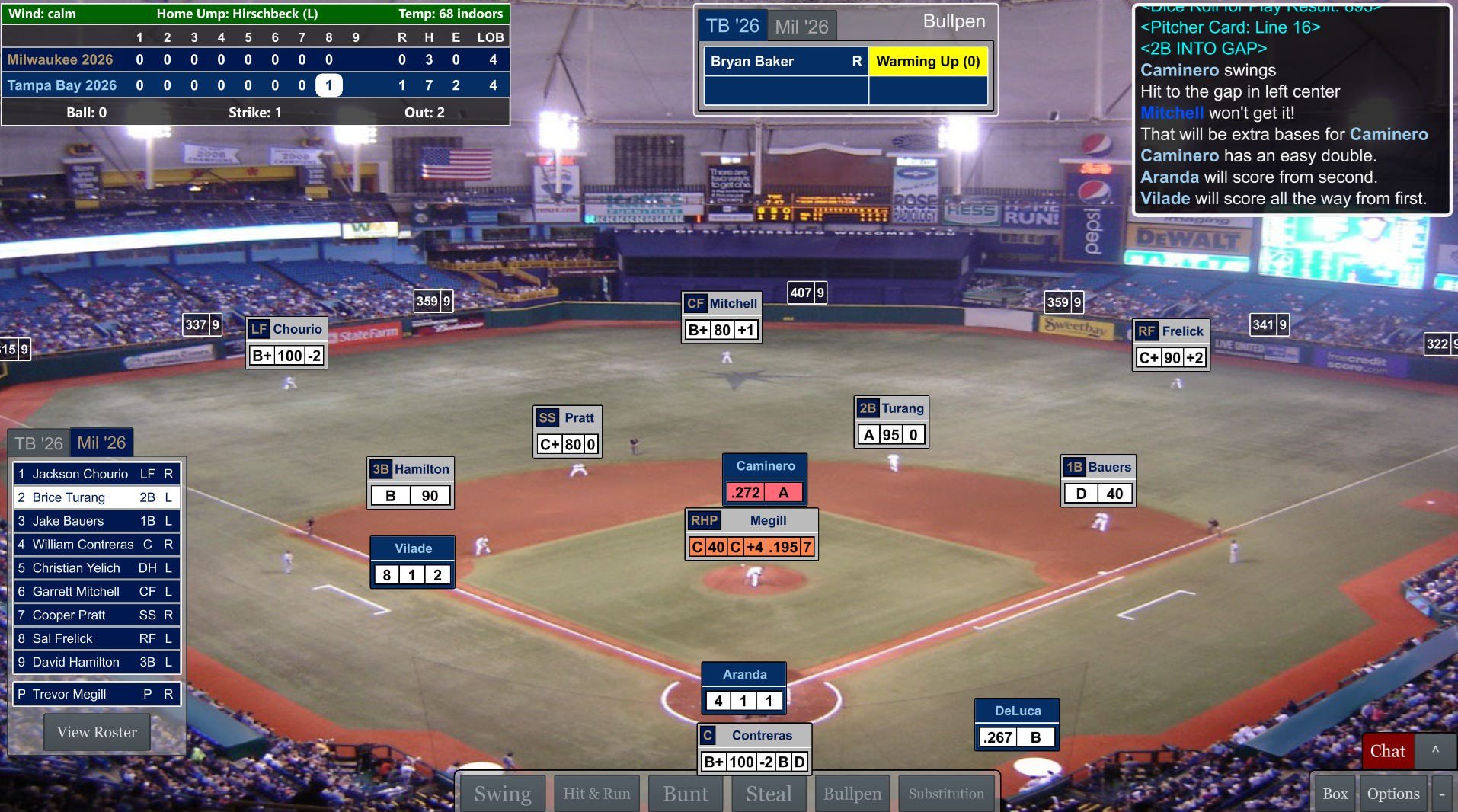 A screenshot on Dynatsy League Baseball online of Junior Caminero's two-run double in the eighth inning at Tropicana Field that sealed the Tampa Bay Rays' 3-0 victory over the Milwaukee Brewers in Game 5 of USA TODAY Sports' 2026 Simulated World Series. 