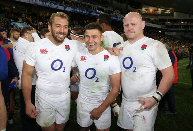 SYDNEY, AUSTRALIA - JUNE 25: Chris Robshaw (L), Ben Youngs and Dan Cole (R) of England celebrate their victory during the International Test match between the Australian Wallabies and England at Allianz Stadium on June 25, 2016 in Sydney, Australia. (Photo by David Rogers/Getty Images)