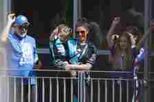 Rebekah Vardy watches the open-top bus parade in Leicester to celebrate winning the Sky Bet Championship title