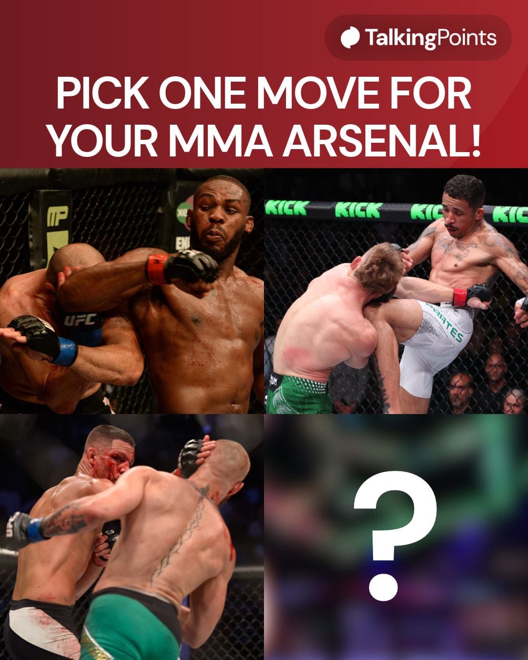 A split graphic showing images of Jon Jones' spinning back elbow, Carlos Prates' knee, and Nate Diaz's Stockton slap
