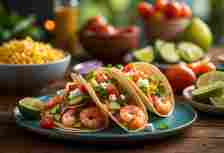 A colorful spread of zesty shrimp tacos on a vibrant table, surrounded by fresh ingredients and summer vibes