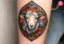 A sheep tattoo drawn in American traditional style on the forearm
