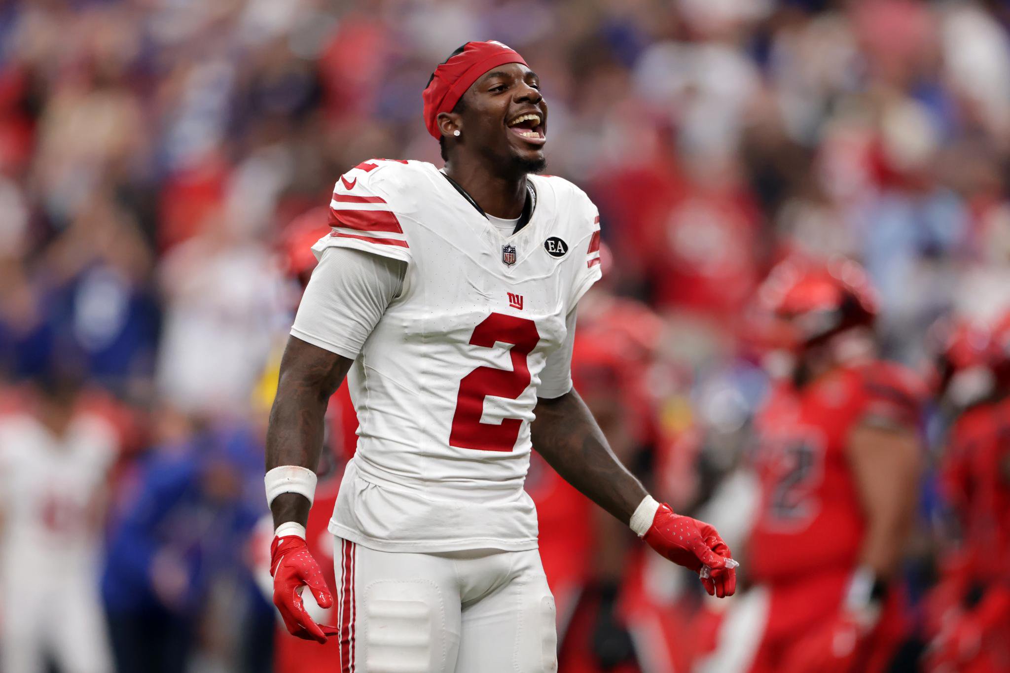 Deonte Banks of the New York Giants reacts after defeating the Houston Texans in overtime at NRG Stadium.