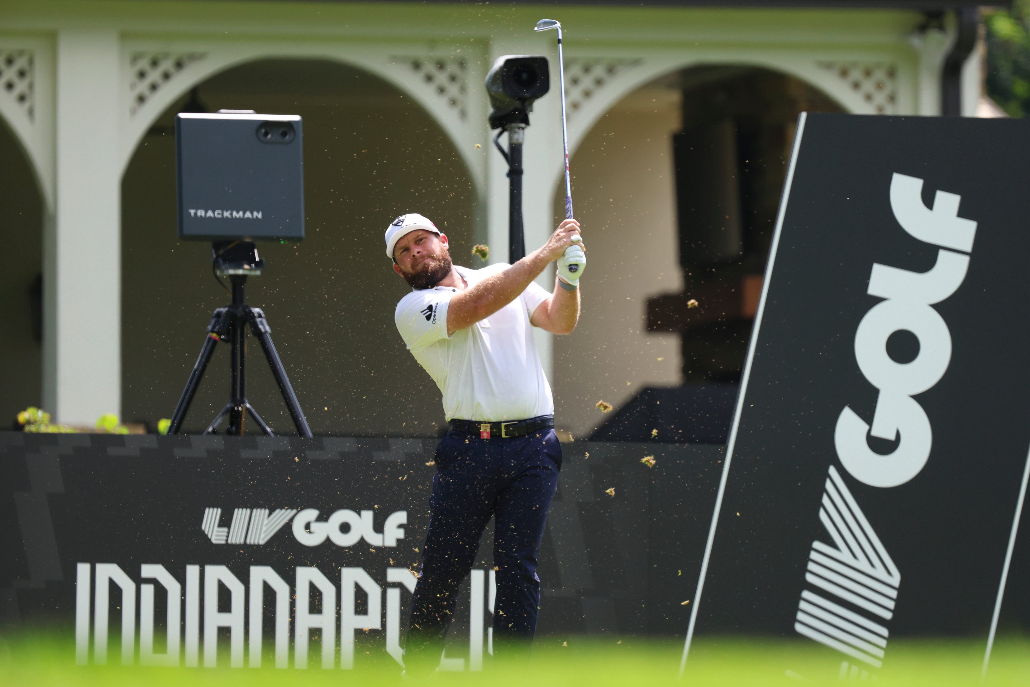 Aug 20, 2026; Westfield, Indiana, USA; Tyrrell Hatton tees off on hole three during the first round of the LIV Golf Indianapolis golf tournament at The Club at Chatham Hills. Mandatory Credit: Jerod Ringwald-Imagn Images