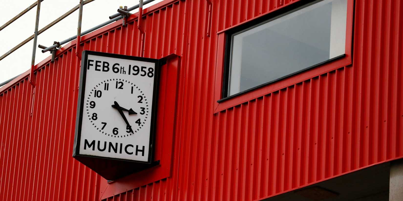 The clock outside Old Trafford to commemorate the Munich Air Disaster.