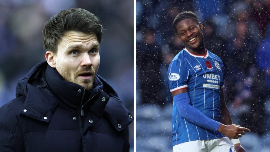 Former Rangers manager Danny Rohl (left), Tochi Chukwuani smiles after scoring the fourth goal for Rangers in their 4-0 win vs St Johnstone at Ibrox on Saturday, 24 October 2026