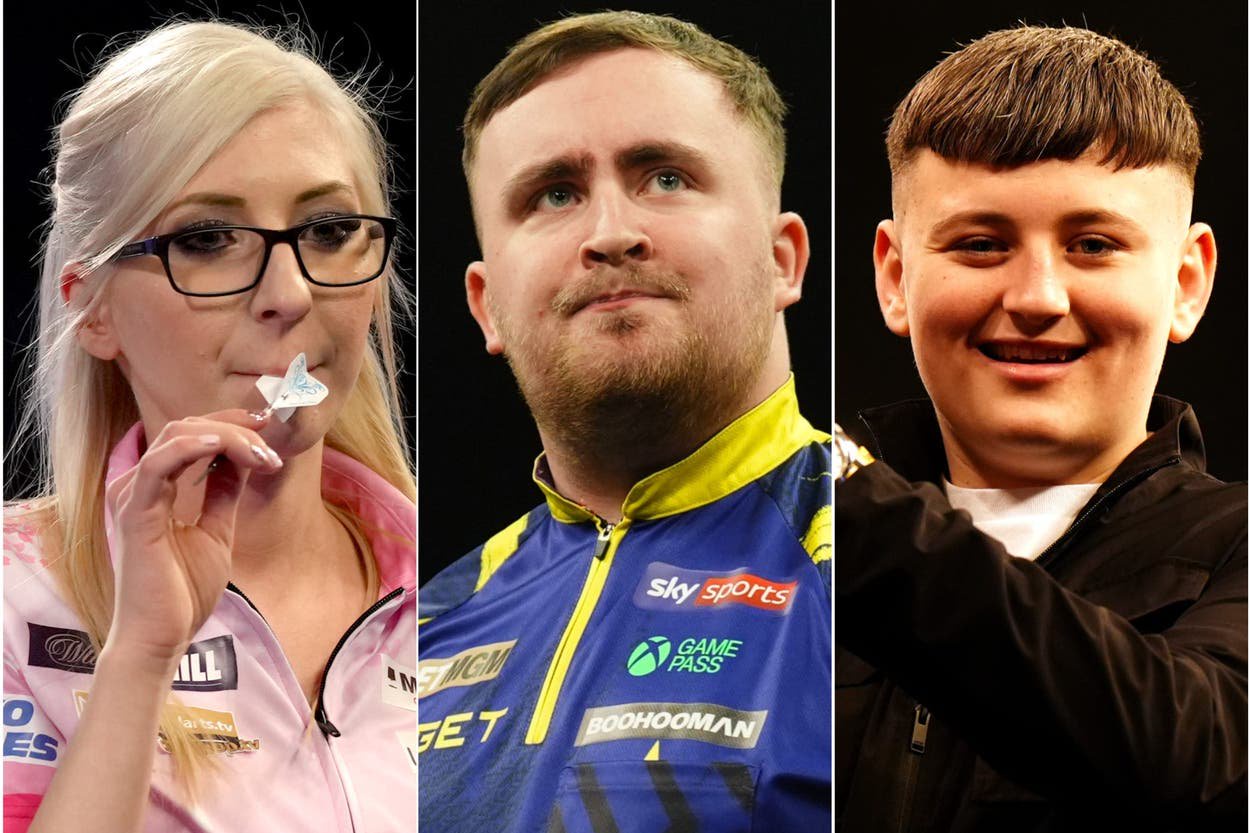 Luke Littler will come up against familiar faces including Fallon Sherrock, left, and Mitchell Lawrie, right, in Friday’s Netflix special ( John Walton/Andrew Milligan/Jane Barlow/PA)