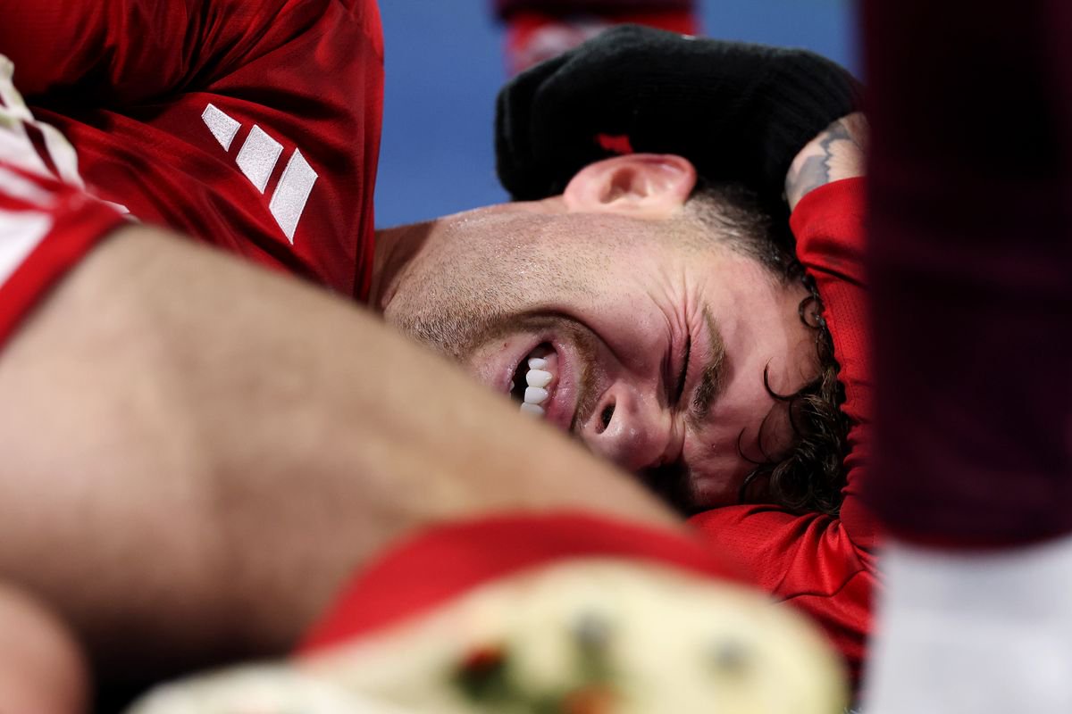 Neco Williams of Nottingham Forest goes down with an injury during the Premier League 2026/27 match between Ipswich Town and Nottingham Forest FC at Portman Road