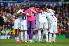 Leeds United players enter a huddle prior to the Sky Bet Championship match between Leeds United and Millwall at Elland Road on March 17, 2024 in L...