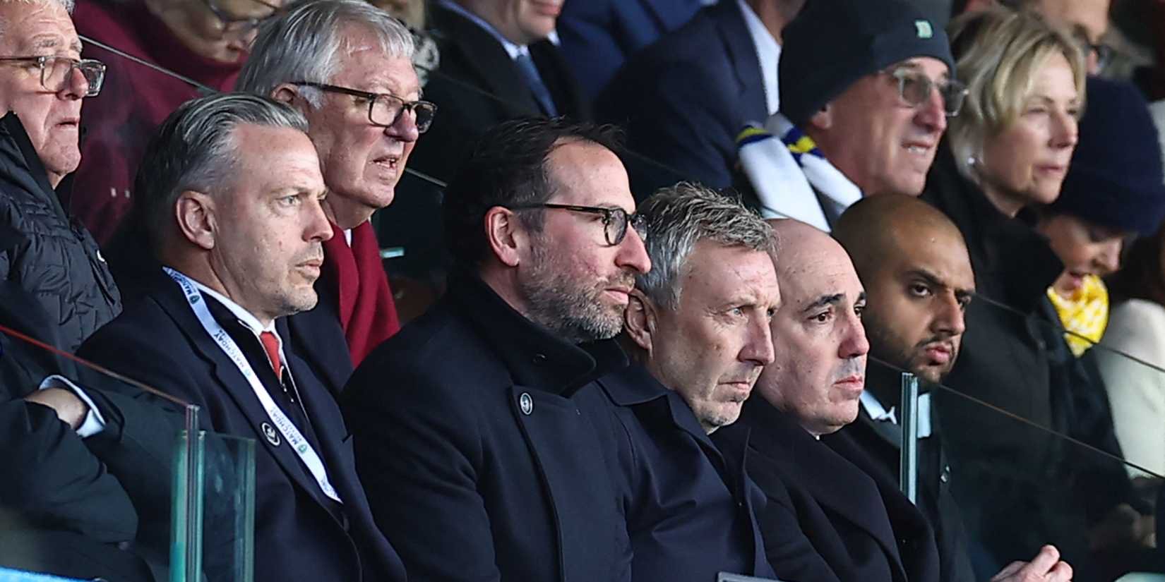 Former Manchester United manager Sir Alex Ferguson, Manchester United director of football Jason Wilcox and Manchester United CEO Omar Berrada in the stands during the match